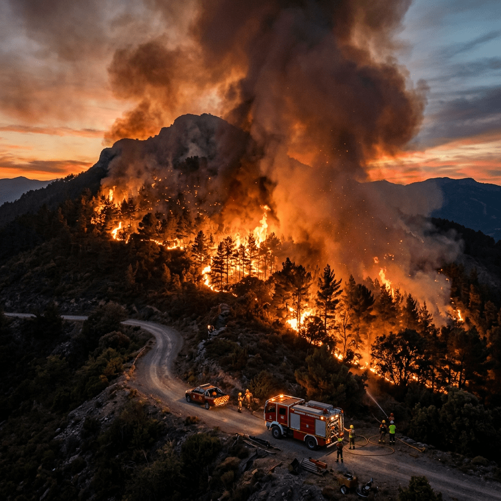 Firefighters using hoses to combat wildfire spreading through forested mountain area at dusk