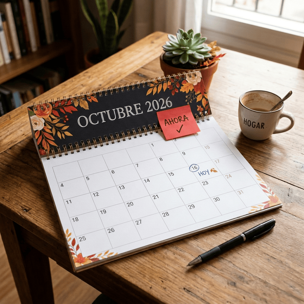 October 2024 Spanish calendar marked “AHORA” and “HOY,” beside coffee