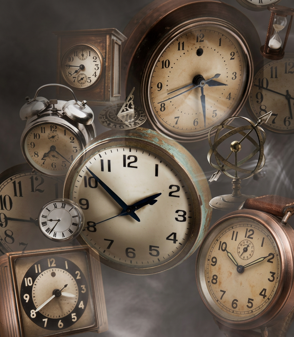 Collage de relojes antiguos de diferentes estilos y tamaños sobre un fondo nebuloso.