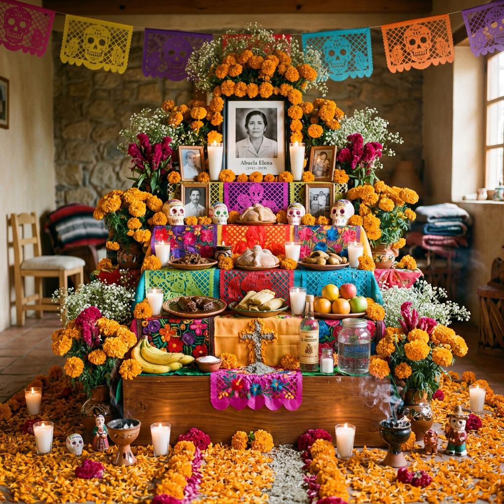 Día de Muertos altar honoring Abuela Elena with flowers, candles, food, and photographs